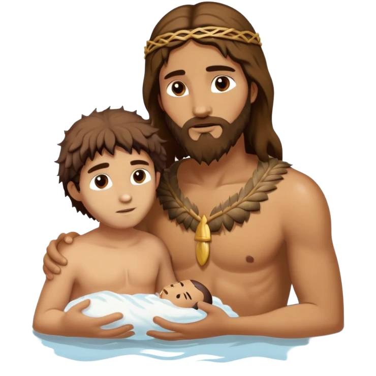 John the baptist in animal skins, baptizes Jesus who is 33 emoji