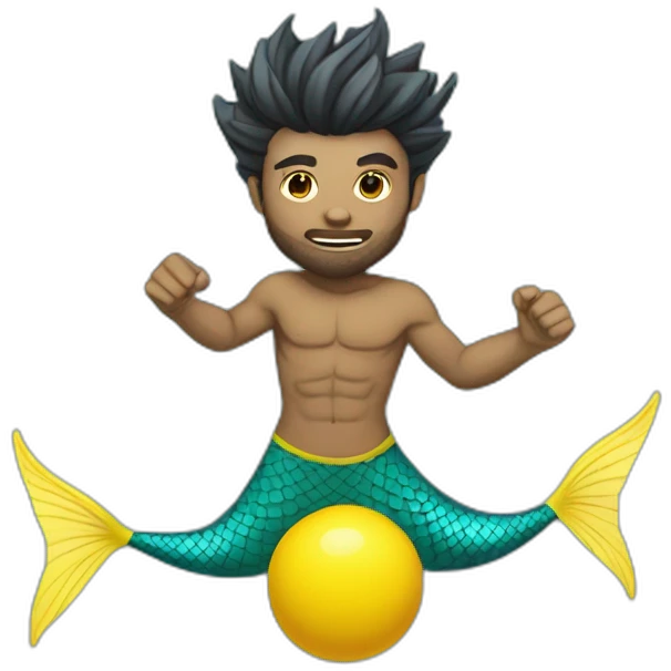 Underwater man mermaid swimming with fins, snorkel equipement, holding a small yellow ball, looking strong and fighting emoji