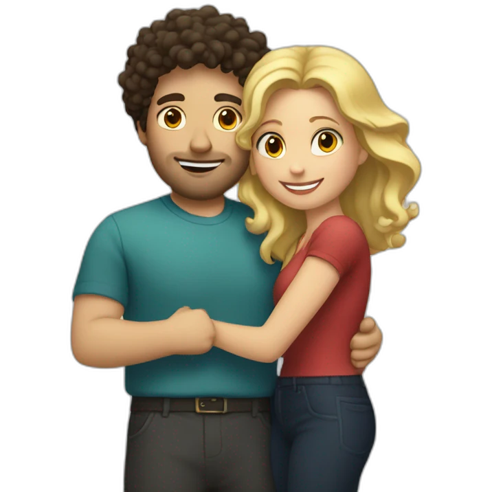 White man with dark curly hair hugging a blonde curvy woman emoji