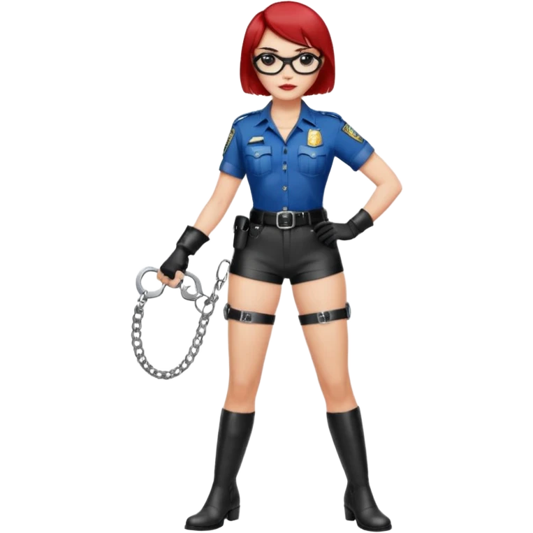 Capelli corti rossi a caschetto
Abbigliamento sexy da agente di polizia
Camicia sbottonata 
Pantaloncini aderenti in pelle
Calze al ginocchio sensuali
Manette in mano 
Stivaletti lucidi neri
Guanti corti di pelle
Occhiali scuri
Cinturone alla vita sensuale
Sguardo seducente  emoji