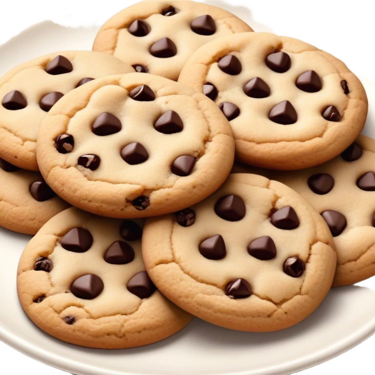 Cinematic Realistic Cookies Dessert Emoji, showcasing a plate of freshly baked cookies with gooey chocolate chips rendered with lifelike textures and warm, homey lighting. emoji
