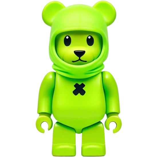 bearbrick toy wearing a neon lime green balaclava with a small black logo emoji