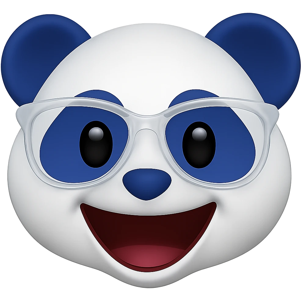 Make the panda's white designer glasses translucent and give the panda a big open-mouthed smile, keeping the playful 3D emoji look with white and #002FA7 blue coloring. Remove the background. emoji