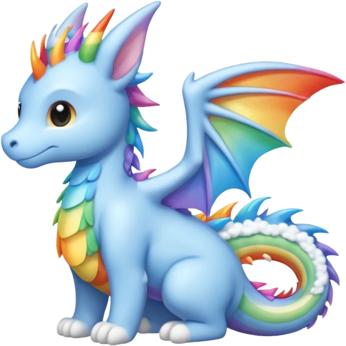 Sky dragon With her elongated, sleek sky-blue form and soft, rainbow spines, fluffy cloud-white wings, ears, and tail emoji