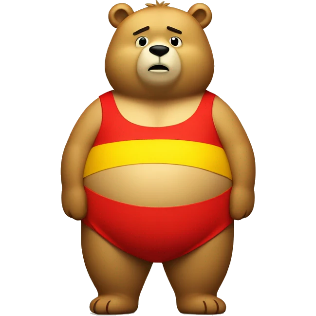 Yellow fat bear wearing a short red top with his tummy sticking out emoji