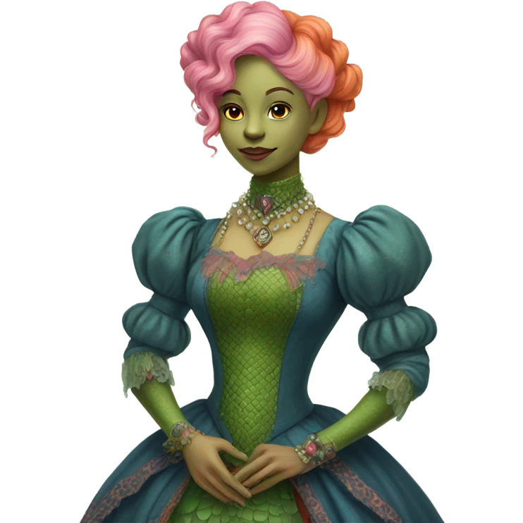 a green reptilian woman in Victorian orange and blue dress, pink hair,holdig, red big hearth, full body emoji
