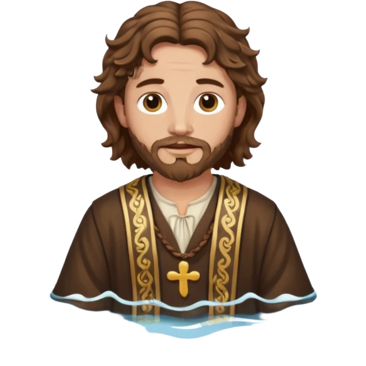 John the Baptist with wavy hair, traditional saint clothes, in water, emoji style emoji