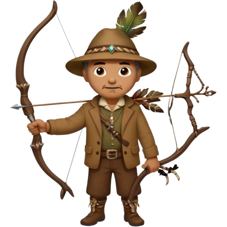 The classic image of a middle-aged uncle hunter carrying a bow, dressed in brown clothes, with some ornaments made of feathers, bones or teeth on his body. emoji