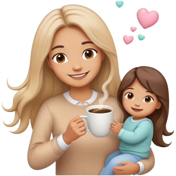 A cute cartoon-style emoji of a smiling woman with long hair juggling a toddler, a baby, and a cup of coffee, soft pastel colors, minimalistic design, perfect for Instagram stories emoji
