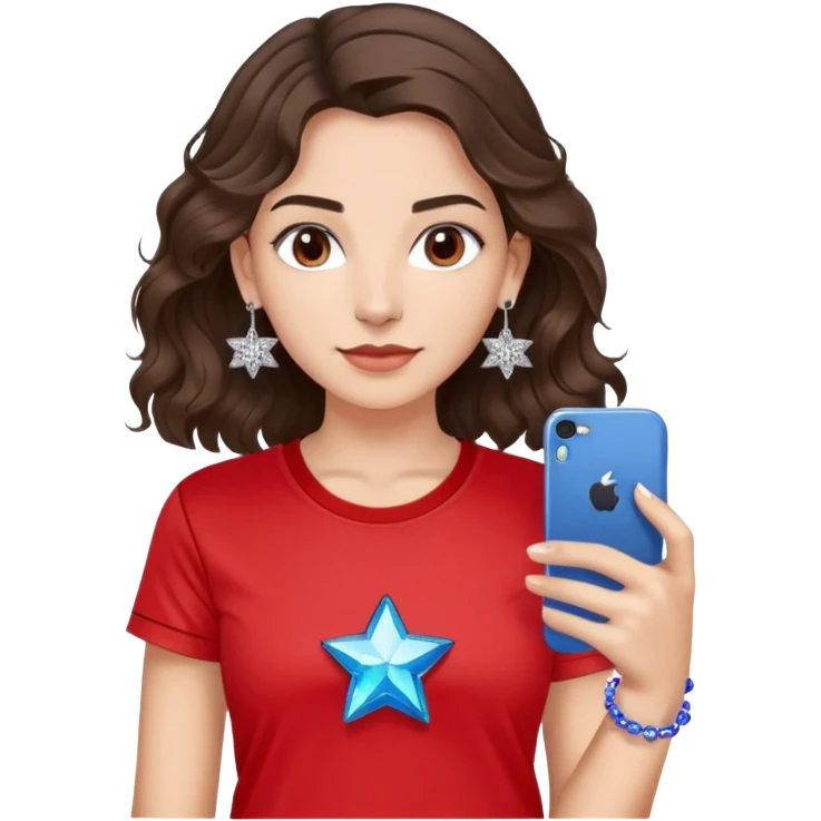 brunette girl with wavy medium length hair, brown eyes, light/medium skin tone, holding iPhone and light phone, wearing red Adidas t-shirt, small silver hoop earrings with blue gem stars, and a different colorful beaded charm necklace emoji