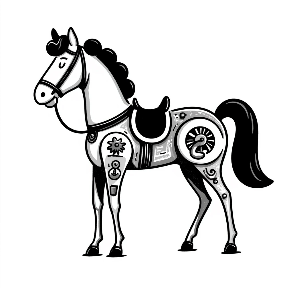 Detailed sketch of a horse assembled from mechanical cogs, analog components, exposed wires, and rope connecting the parts emoji