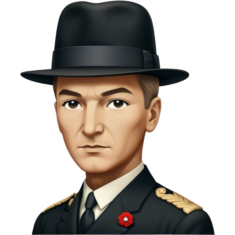 ​Cinematic Realistic Portrait of a Young Mustafa Kemal Atatürk, depicted in his iconic tall black hat and traditional attire with a confident, visionary expression, rendered with rich historical textures and warm, inspiring lighting that captures his youthful dynamism and transformative leadership, emoji