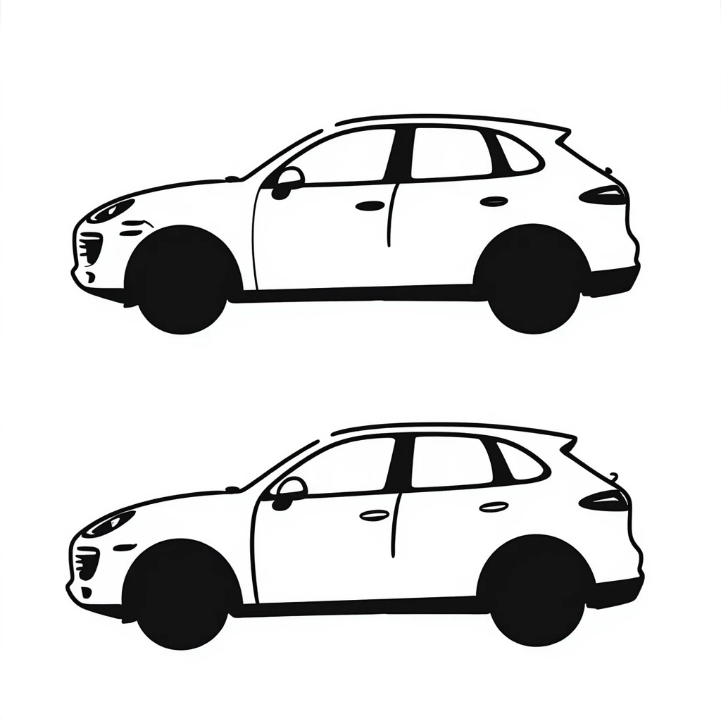 blueprint style illustration of a Porsche Cayenne, side and top view emoji