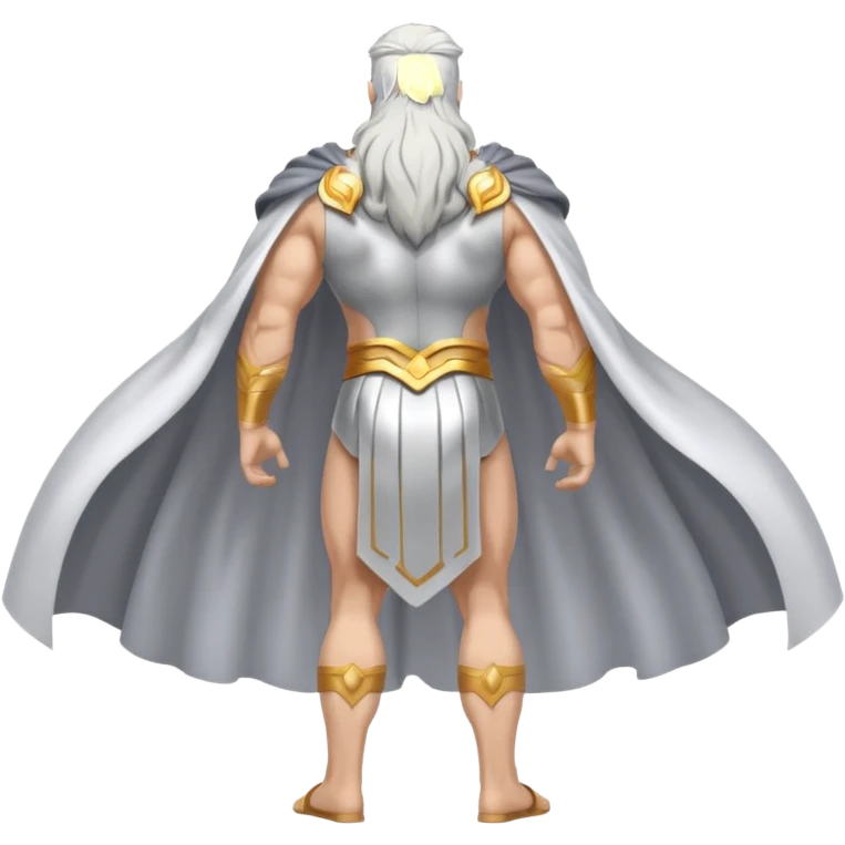 fullbody silverhair god ZEUS, white back cape, standing still rearview emoji