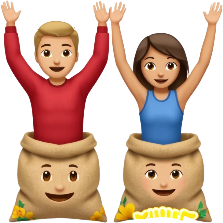 two people jumping in burlap sacks, one holding the sack, the other with arms raised in the air emoji