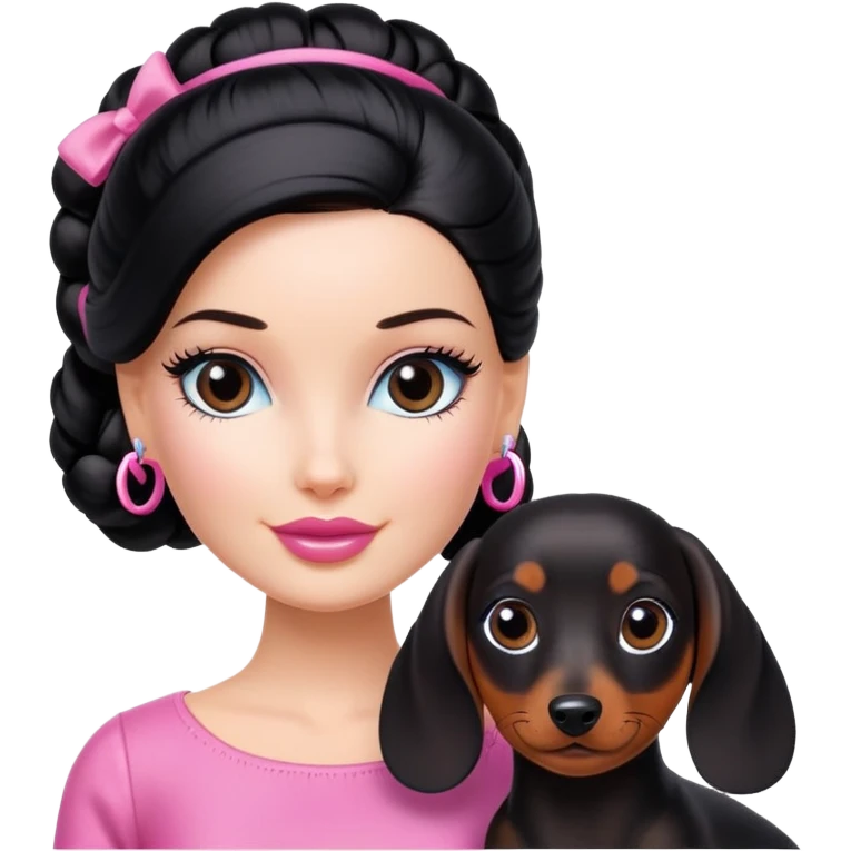 A beautiful barbie  girl with a black bun and a dachshund.
 emoji