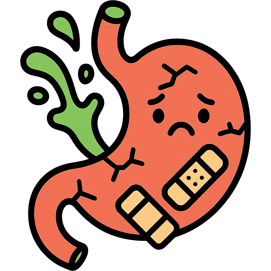 cartoon icon of a stomach character with cracks or holes, sad face, acid splashes, bandages, cute but informative medical style emoji