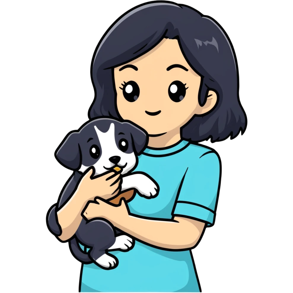 black haired woman holding a puppy emoji