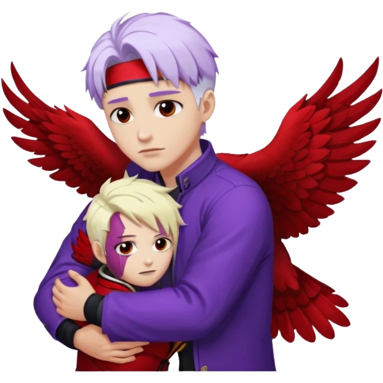 dabi with purple skin graft scars white hair hugging hawks blonde hair red wings emoji
