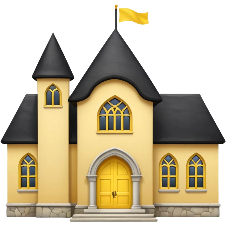 simple magic school, low detail, white background, magic school, black roof, with a big flag, big flag on a roof, big yellow flag, white school emoji