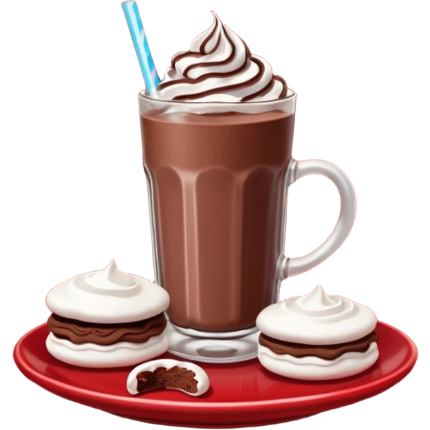 A glass of chocolate milk sits on a red saucer surrounded by chocolate cookies and sugar meringues. emoji
