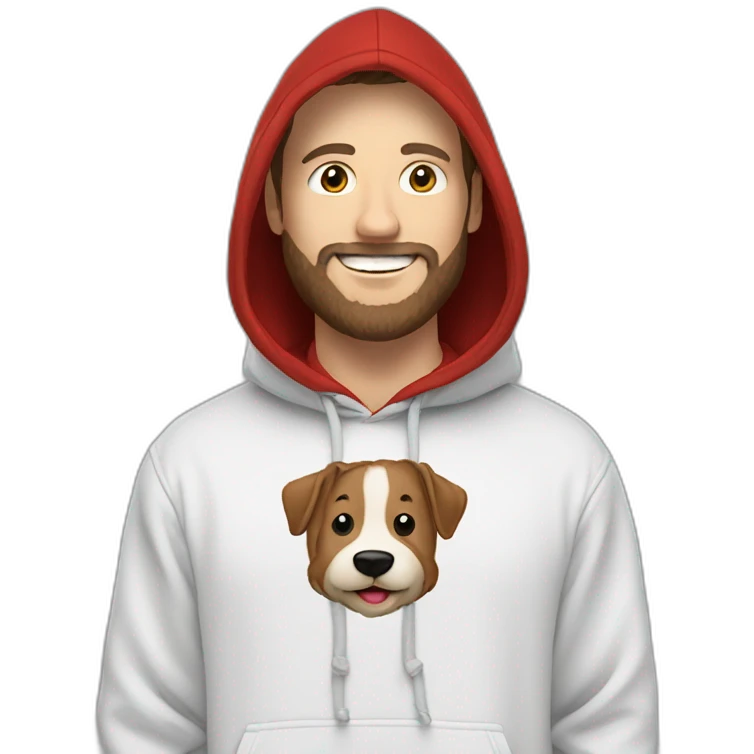 white dude smiling with a brown beard and short brown hair with a red hooded hoodie with "Posh" embroidered on the hoodie emoji