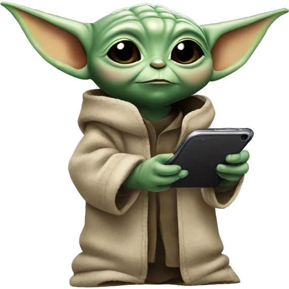 Baby Yoda is holding a smartphone, checking construction plans emoji