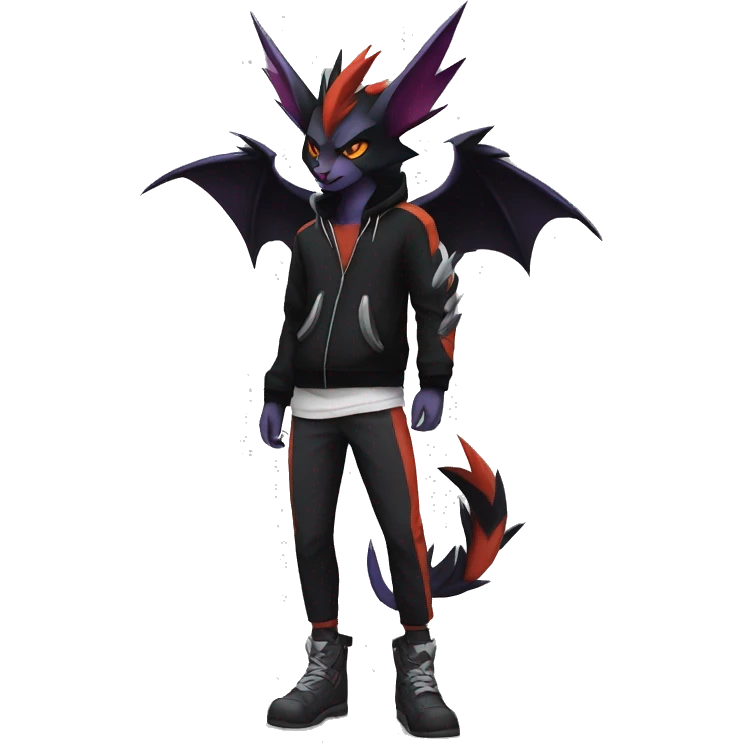 Cool Anthro Black Noivern-Absol-Litten-Pokémon with edgy stripes hoodie spiked collar punk Full Body emoji