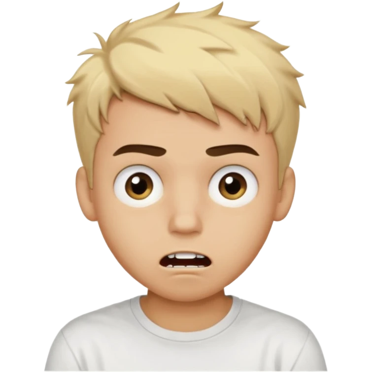 Male Teenager with Short buzz, messy blonde hair, Dark brown bushy eyebrows large expressive golden-brown eyes, wearing a plain white t-shirt, Dark Brown skin color, Confused mouth gape showing teeth emoji