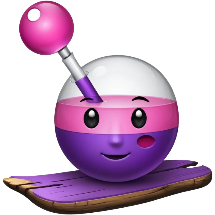 A half pink half purple ball with a face wooden stem followed by a glass stem on top of the wood stem tilted 90 degrees emoji