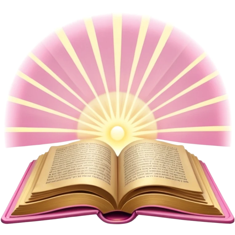 An open pink book with glowing light rays emerging from its pages, magical atmosphere, emoji