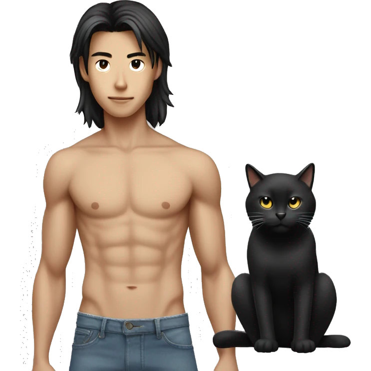 Skinny Model Long hair Asian man with abs holding black cat emoji