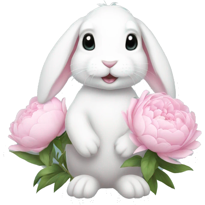 cute white bunny holding light pink peonies emoji