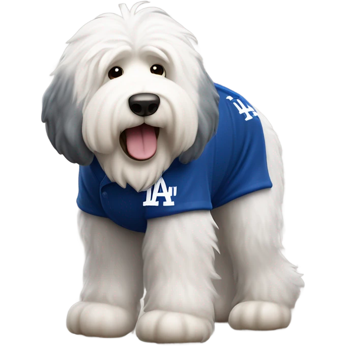 Old English Sheepdog full height wearing a Los Angeles dodgers shirt baseball emoji