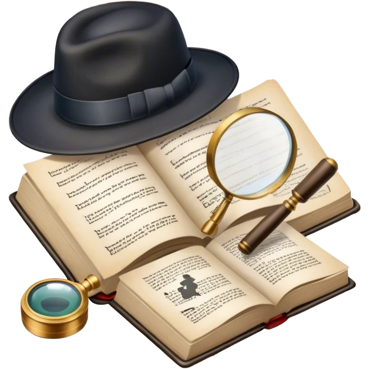Icon for Detective Reading: an open book with text and a magnifying glass, a detective’s hat and a notebook with clues, surrounded by dark shadows and mysterious elements like footprints. Transparent background. emoji