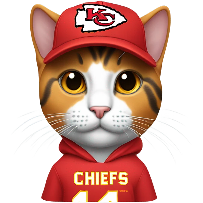 Calico cat wearing KC chiefs hoodie and chiefs ball cap emoji