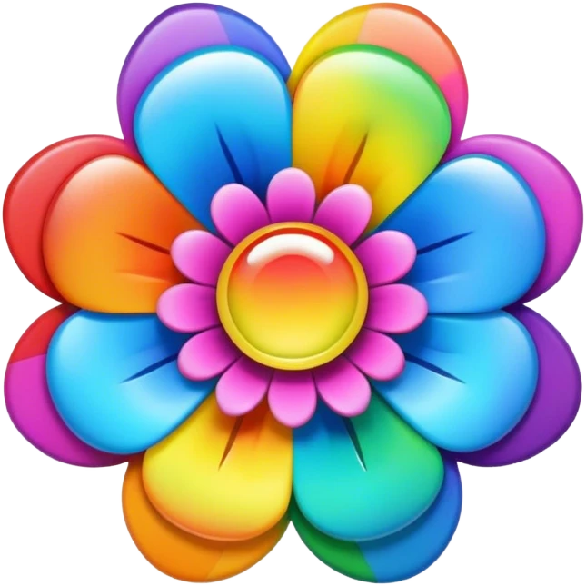 A round psychedelic colored button with a large rainbow colored flower in the center emoji