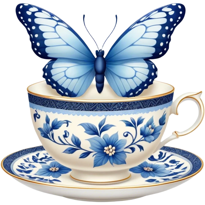 A delicate butterfly with navy wings, resting on the edge of a perl porcelain teacup adorned with intricate pastel blue floral patterns. emoji