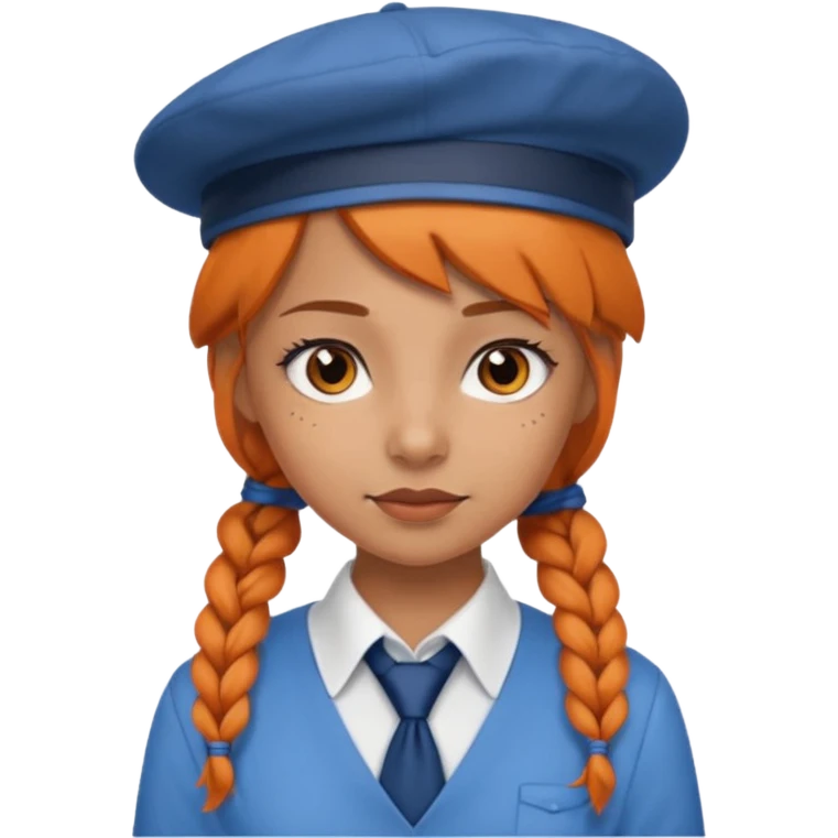 orange braided hair girl, wearing white shir, a brown berret Hat, Blue Necktie emoji
