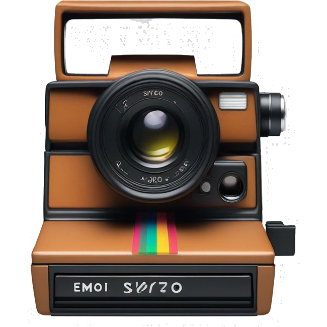 Sx-70 foldable polaroid with metal and leather body,At the top of the camera is a viewfinder that appears once unfolded, allowing users to compose their shots. The lens, located in the center front of the camera, features a glass lens emoji