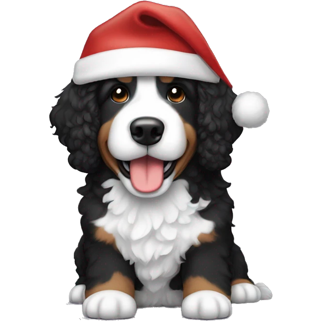 Black and whit bernedoodle wearing Santa hat emoji