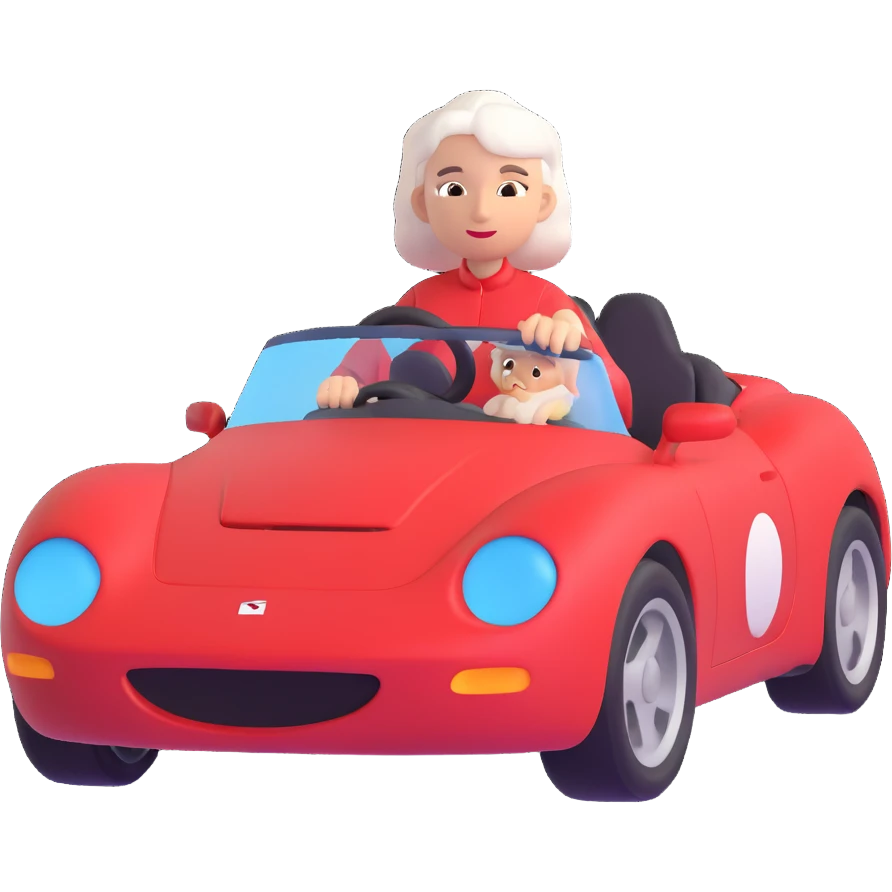mother with white hair driving a red sports car emoji