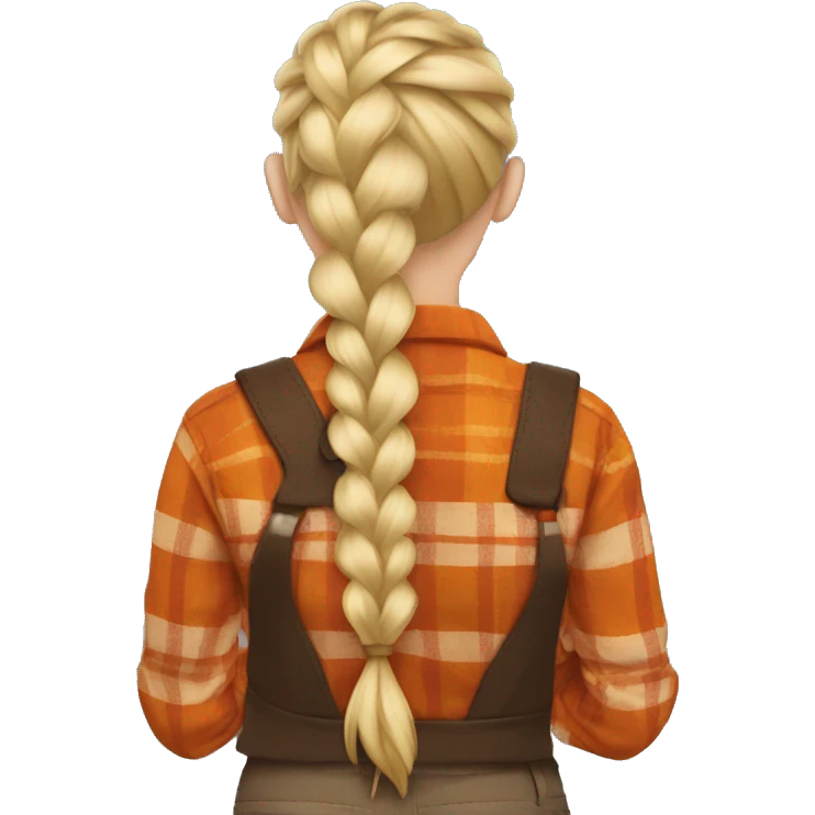 Woman with her back turned with blonde hair braided wearing a brown and orange flannel emoji