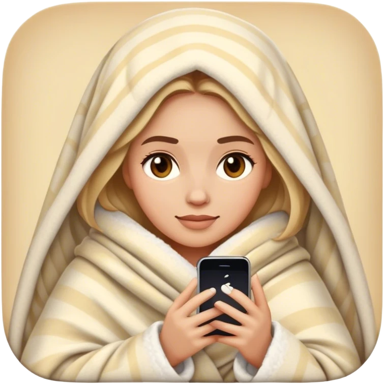 realistic modern woman in cozy blanket with iPhone, modern iPhone style emoji emoji