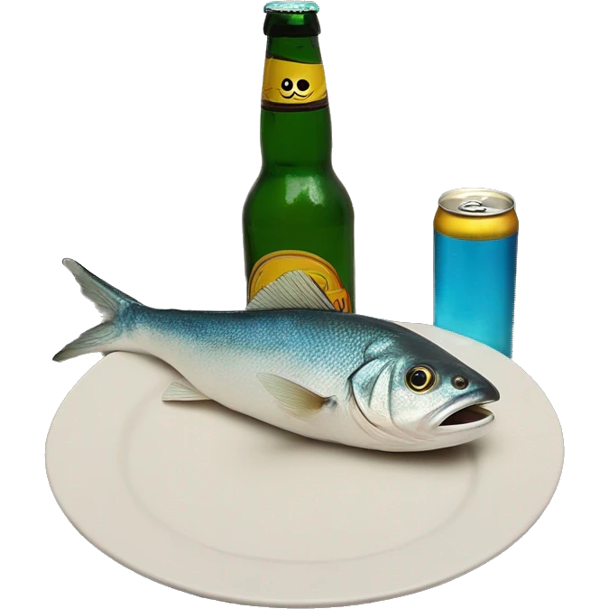 A fish on a plate next to two bottles of beer ￼ emoji
