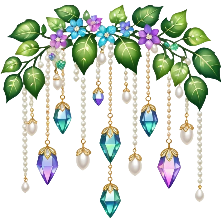 Exotic romantic Few cute tiny Iridescent glistening glossy sparkly shiny glittery hanging crystals pearls and beads and gemstones scenery scenic decorations with ivy and flowers emoji