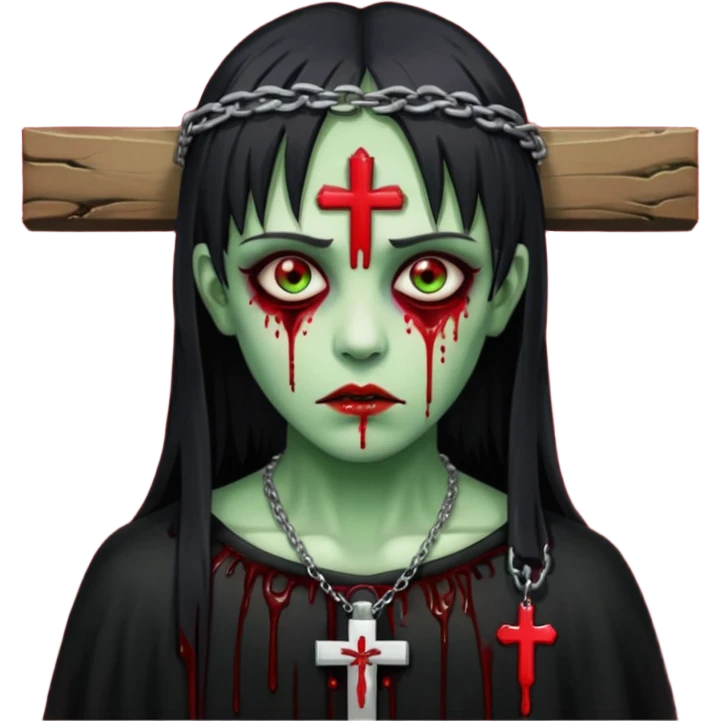zumbi verde com olhos vermelhos sangrando e franja roupa preta e um crucifixo como colar emoji