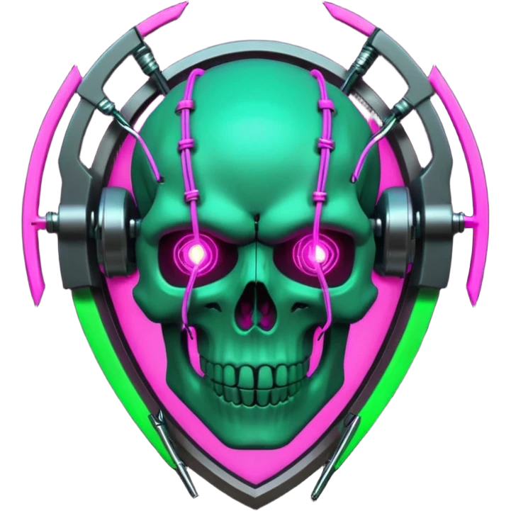 Cyberpunk shield, skull with cybernetic implants, glowing wires, dark electric pink and grenn, black tones, no background emoji