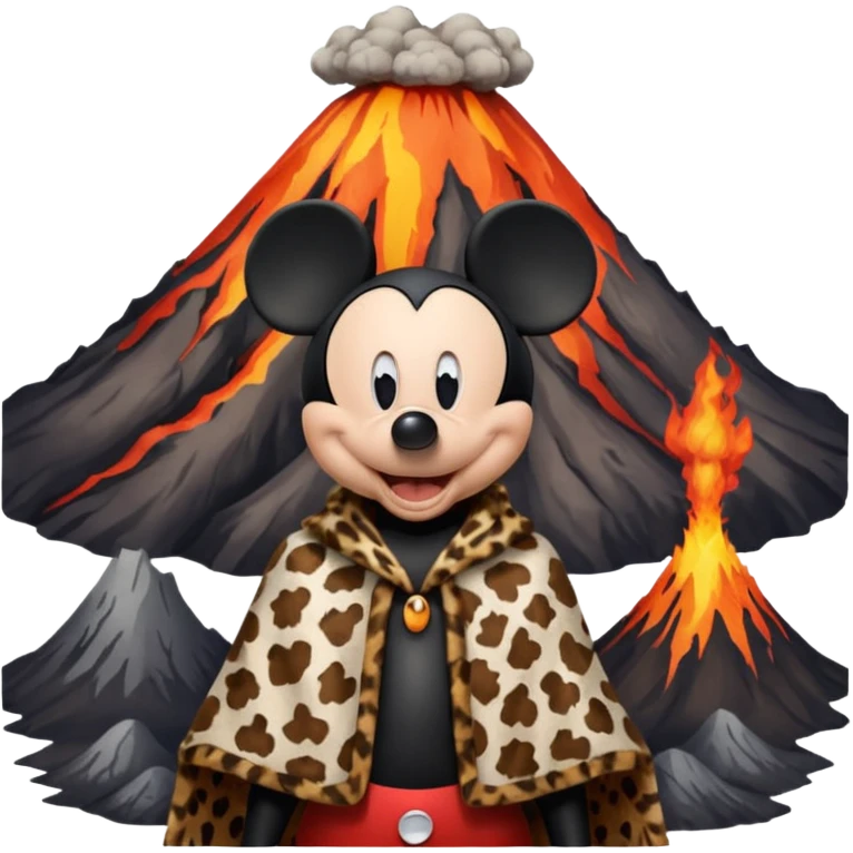 a mickey mouse wearing ancient animal skin cloth with volcano behind, half body, icon emoji