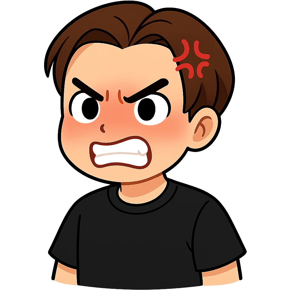 A cartoon man matching the reference image, angry with a slightly red face. He wears a plain black t-shirt with no spots. Style: chibi stickers. emoji